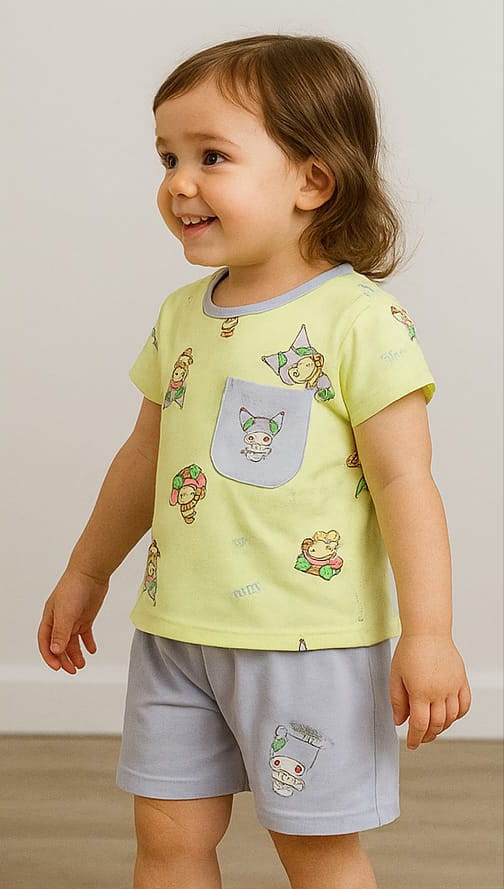 Playful Yellow & Purple Cartoons Printed Shirt and Shorts Set