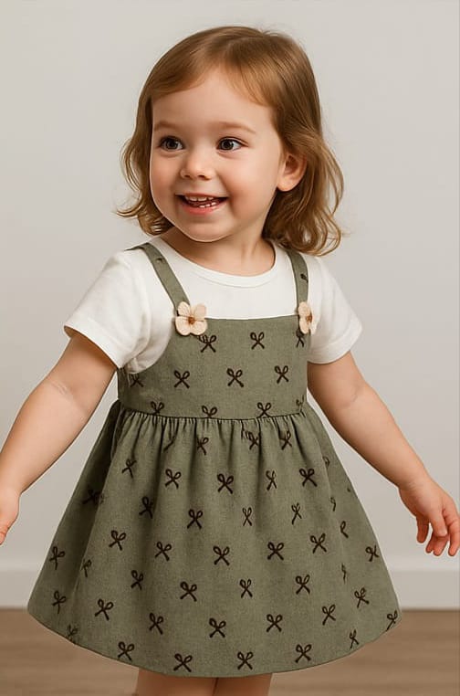 Trendy Green Frock with Ties Print – Stitched with White T-Shirt