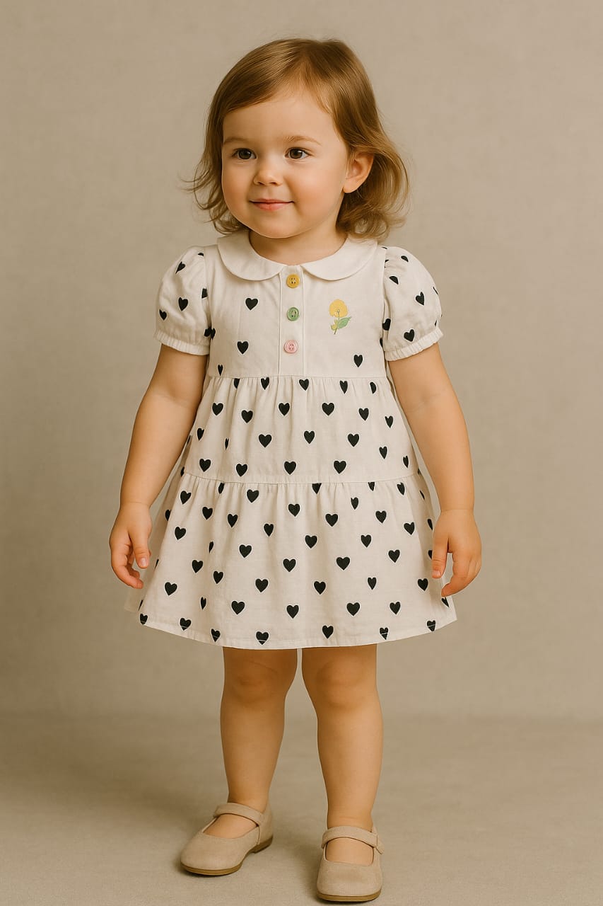 Adorable Black Hearts Print Frock with Puff Sleeves & Colourful Buttons