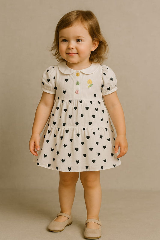 Adorable Black Hearts Print Frock with Puff Sleeves & Colourful Buttons