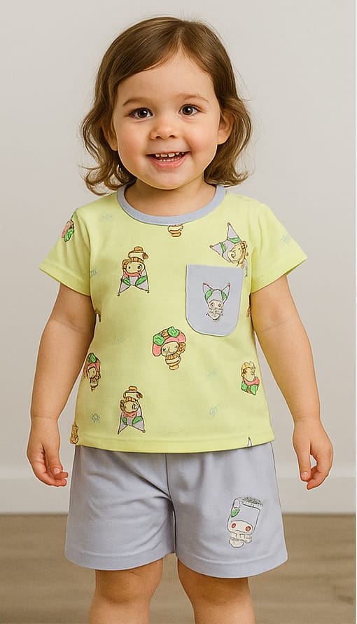 Playful Yellow & Purple Cartoons Printed Shirt and Shorts Set