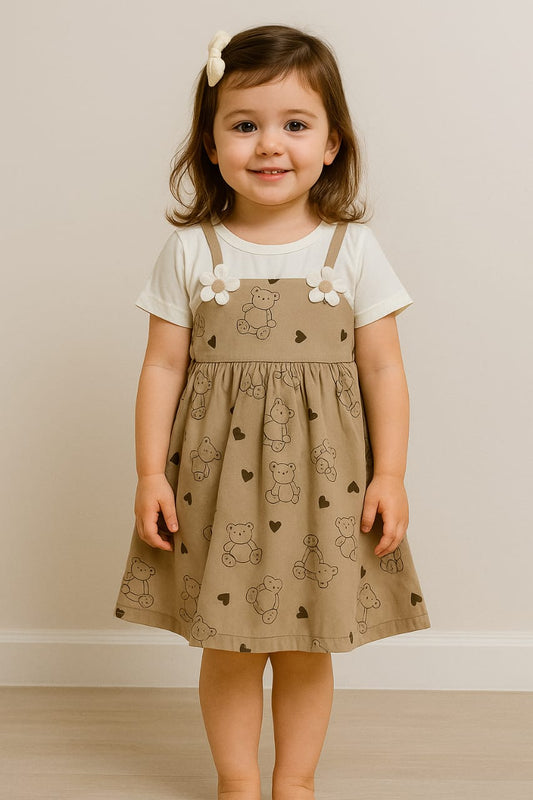 Trendy Brown Frock with Cute Bears and Hearts Print – Paired with White T-Shirt