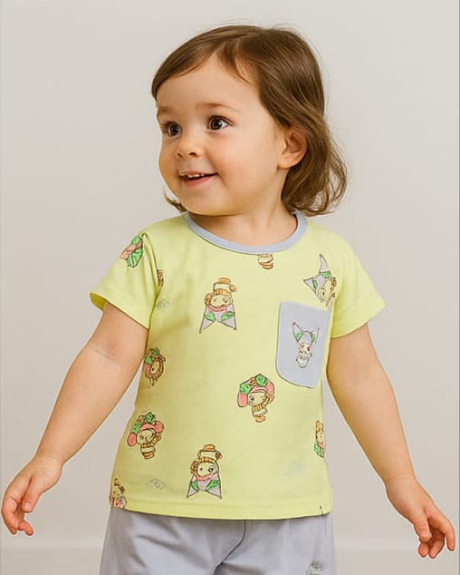 Playful Yellow & Purple Cartoons Printed Shirt and Shorts Set