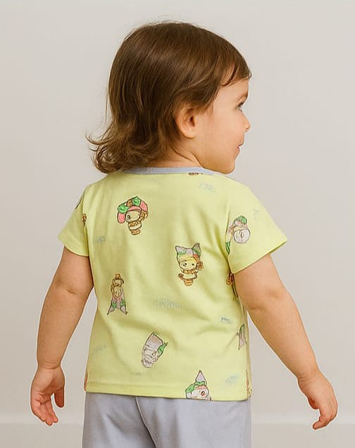Playful Yellow & Purple Cartoons Printed Shirt and Shorts Set