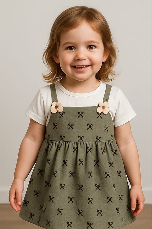 Trendy Green Frock with Ties Print – Stitched with White T-Shirt