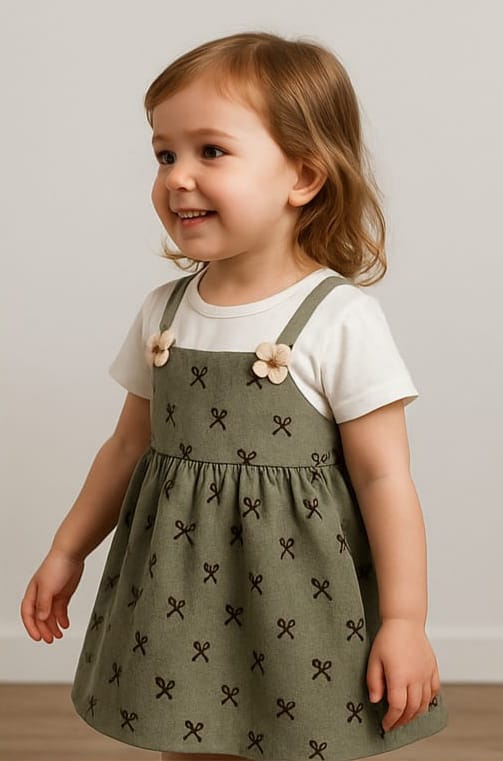 Trendy Green Frock with Ties Print – Stitched with White T-Shirt