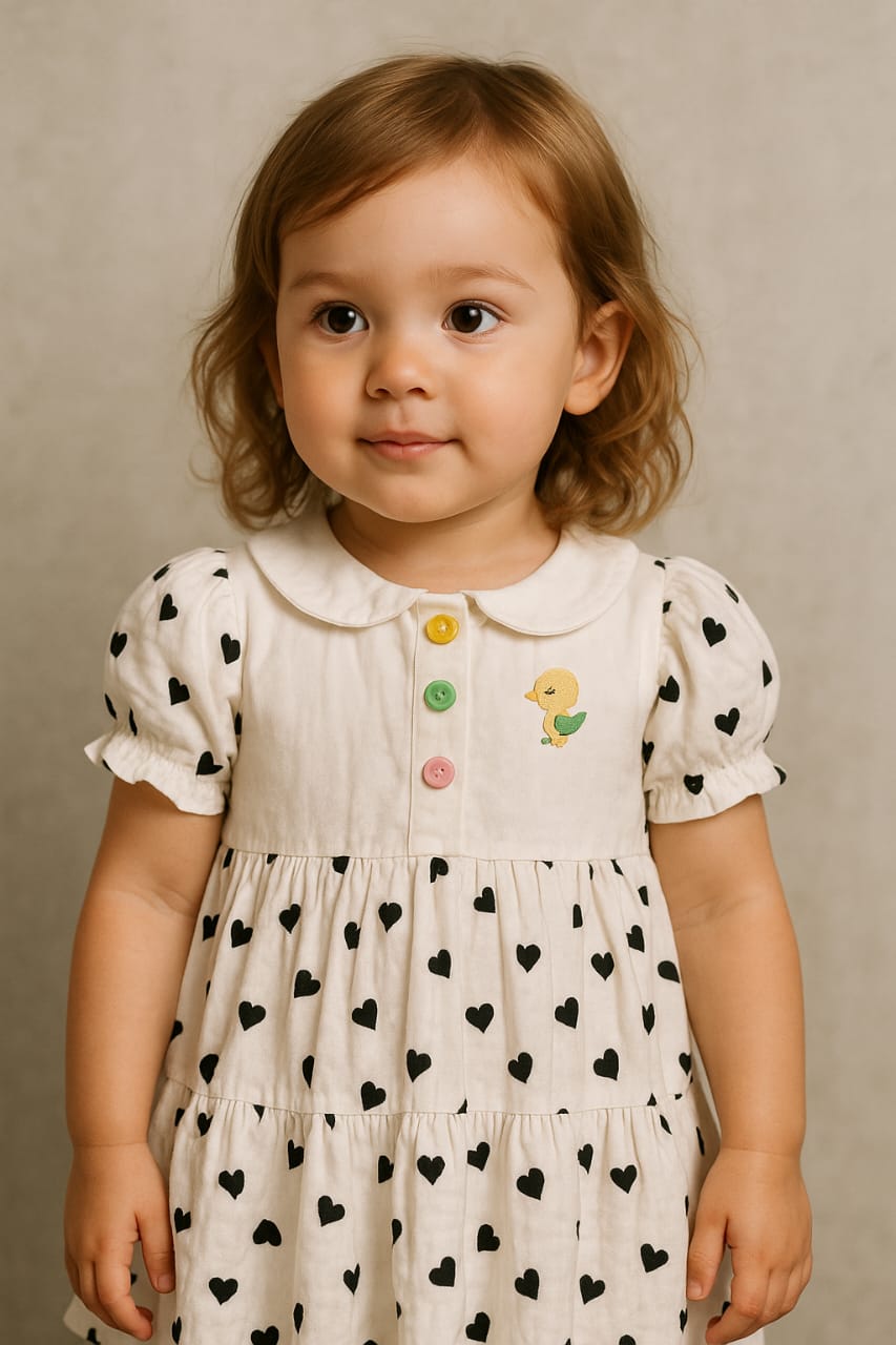 Adorable Black Hearts Print Frock with Puff Sleeves & Colourful Buttons