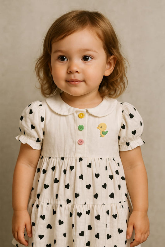 Adorable Black Hearts Print Frock with Puff Sleeves & Colourful Buttons