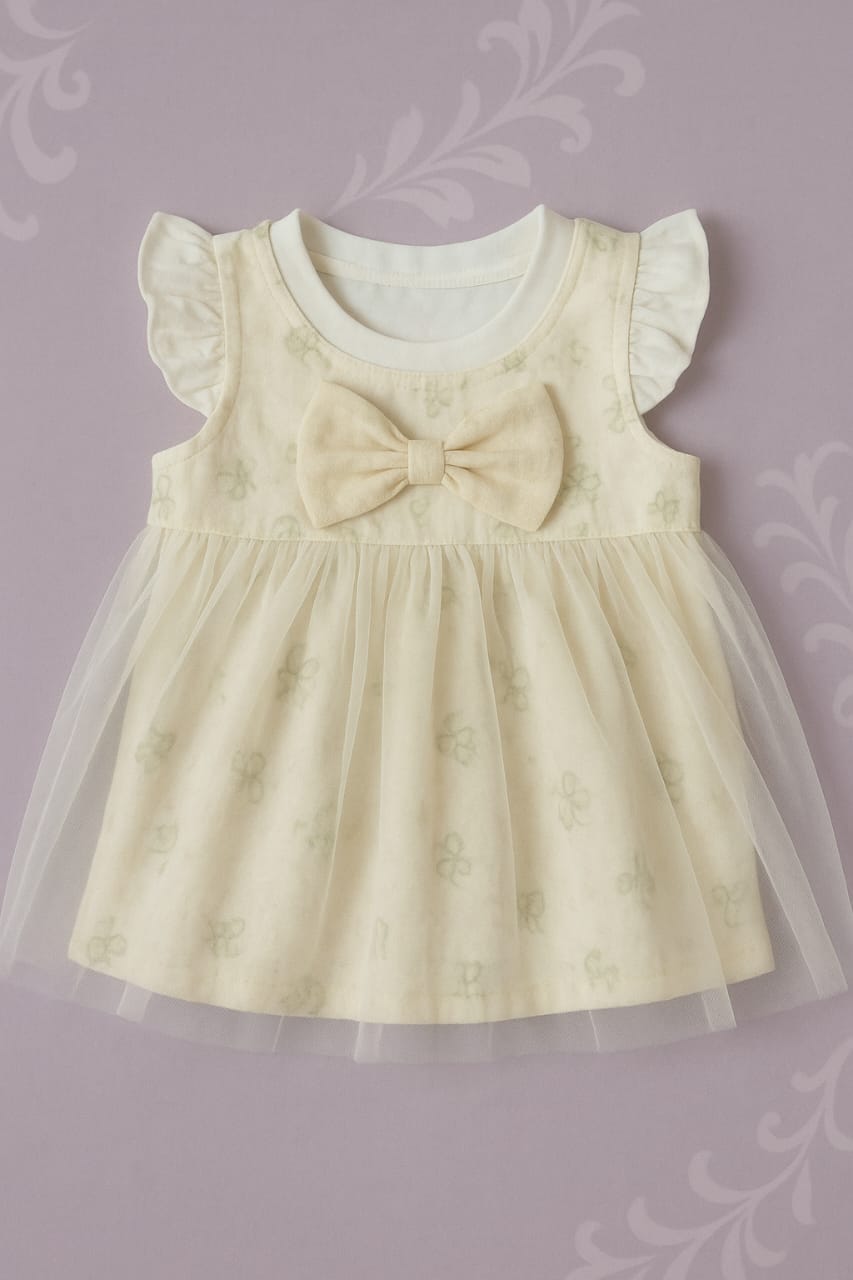 Charming Lemon Frock with Butterfly Print, Double Flare & Net Detail