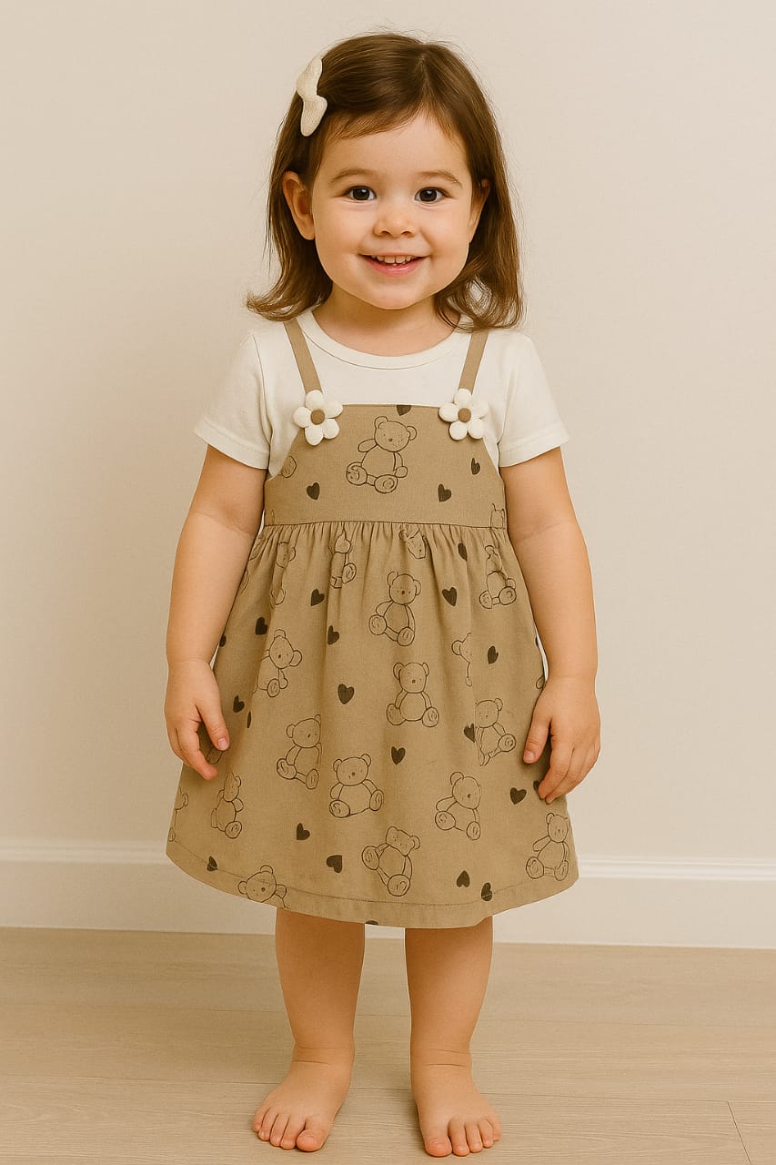 Trendy Brown Frock with Cute Bears and Hearts Print – Paired with White T-Shirt