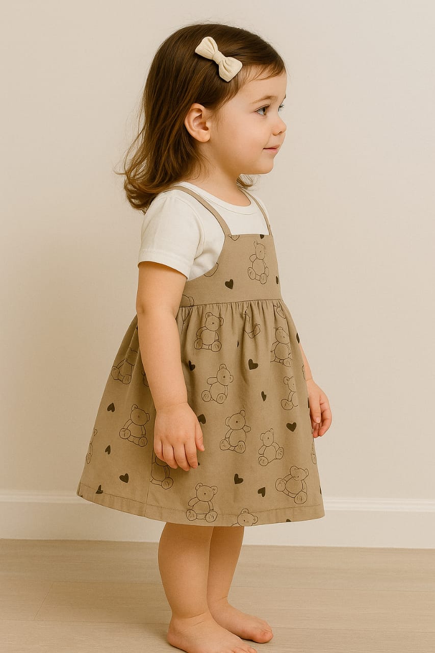 Trendy Brown Frock with Cute Bears and Hearts Print – Paired with White T-Shirt