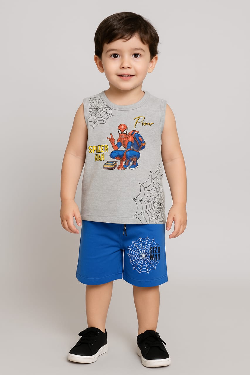 Cool Grey Spiderman Shirt with Web Shorts