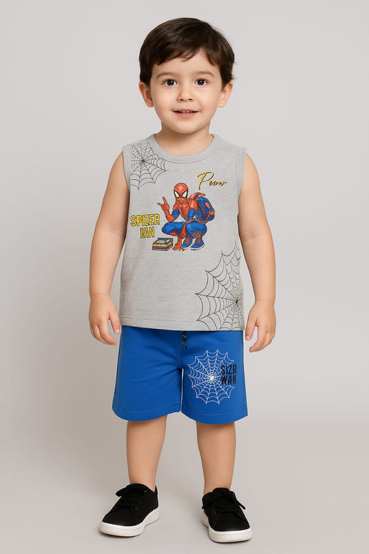 Cool Grey Spiderman Shirt with Web Shorts