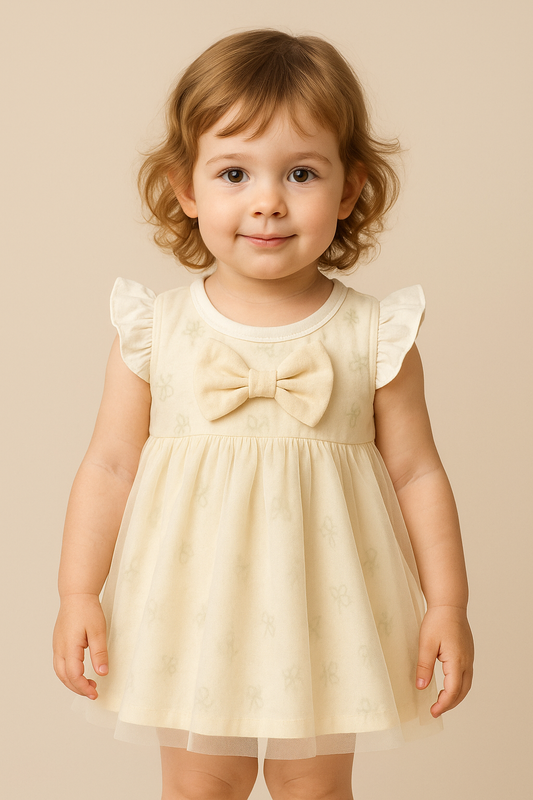 Charming Lemon Frock with Butterfly Print, Double Flare & Net Detail