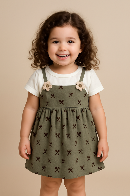 Trendy Green Frock with Ties Print – Stitched with White T-Shirt