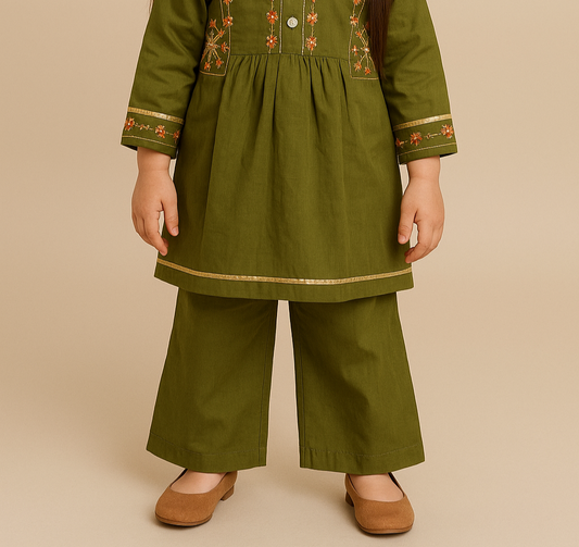 Elegant Moss Green Embroidered Kameez with Plazo Pajama