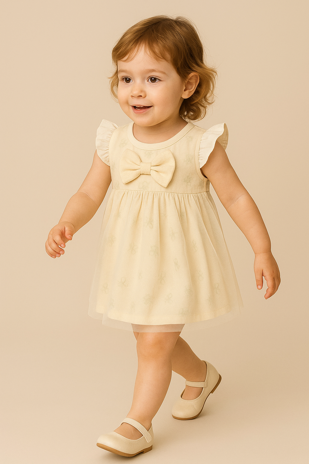 Charming Lemon Frock with Butterfly Print, Double Flare & Net Detail