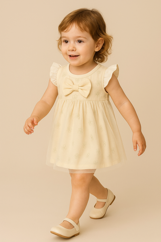 Charming Lemon Frock with Butterfly Print, Double Flare & Net Detail