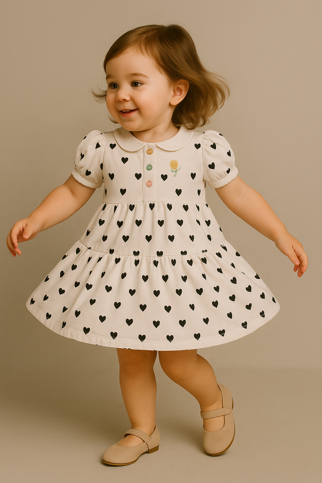 Adorable Black Hearts Print Frock with Puff Sleeves & Colourful Buttons